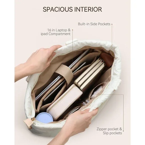 Prite Women Beige Polyester Compartment Quilted Puffer Shoulder Tote Work Bag - Picture 3 of 7